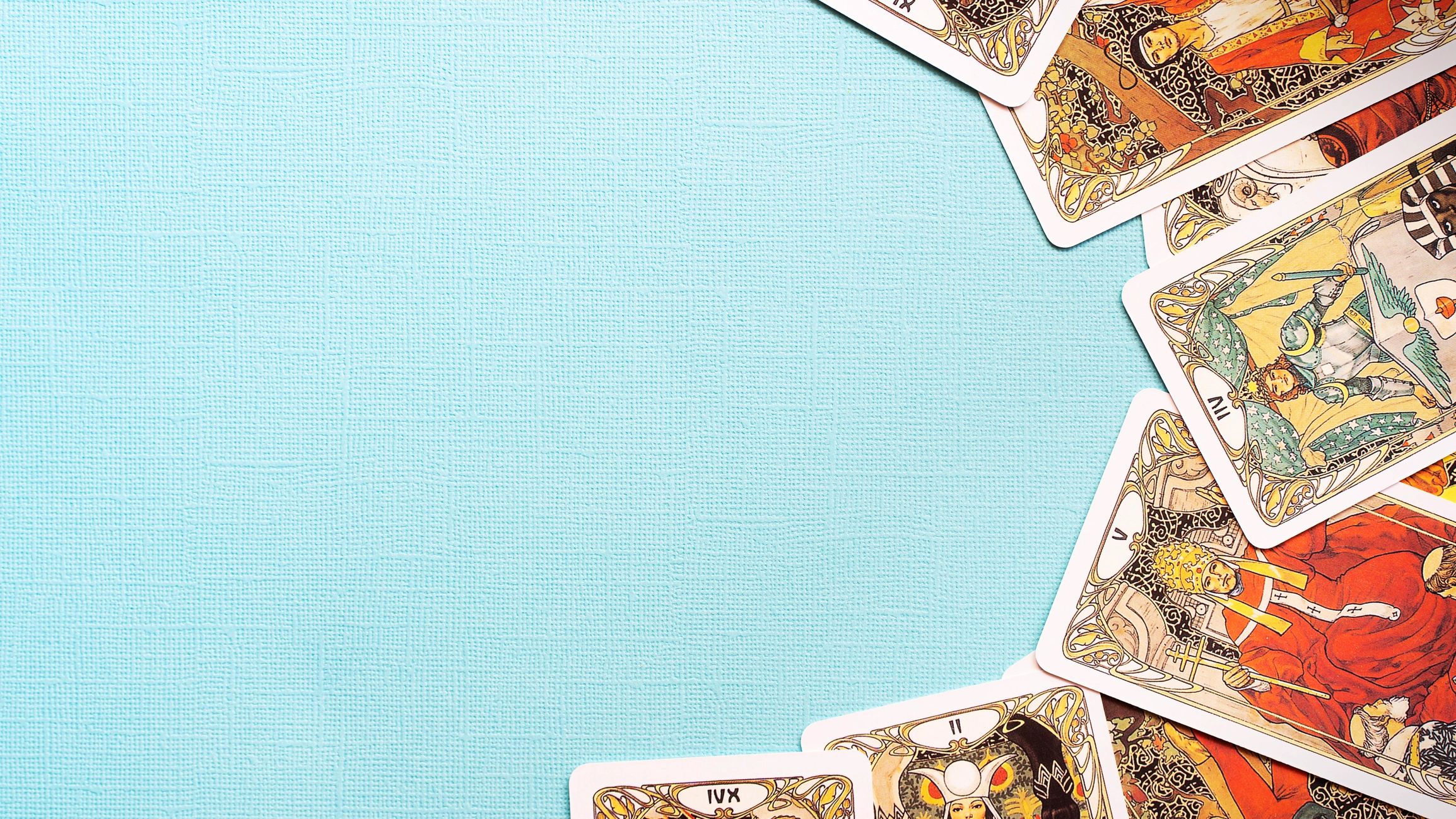 Tarot cards arranged on a fortune teller table