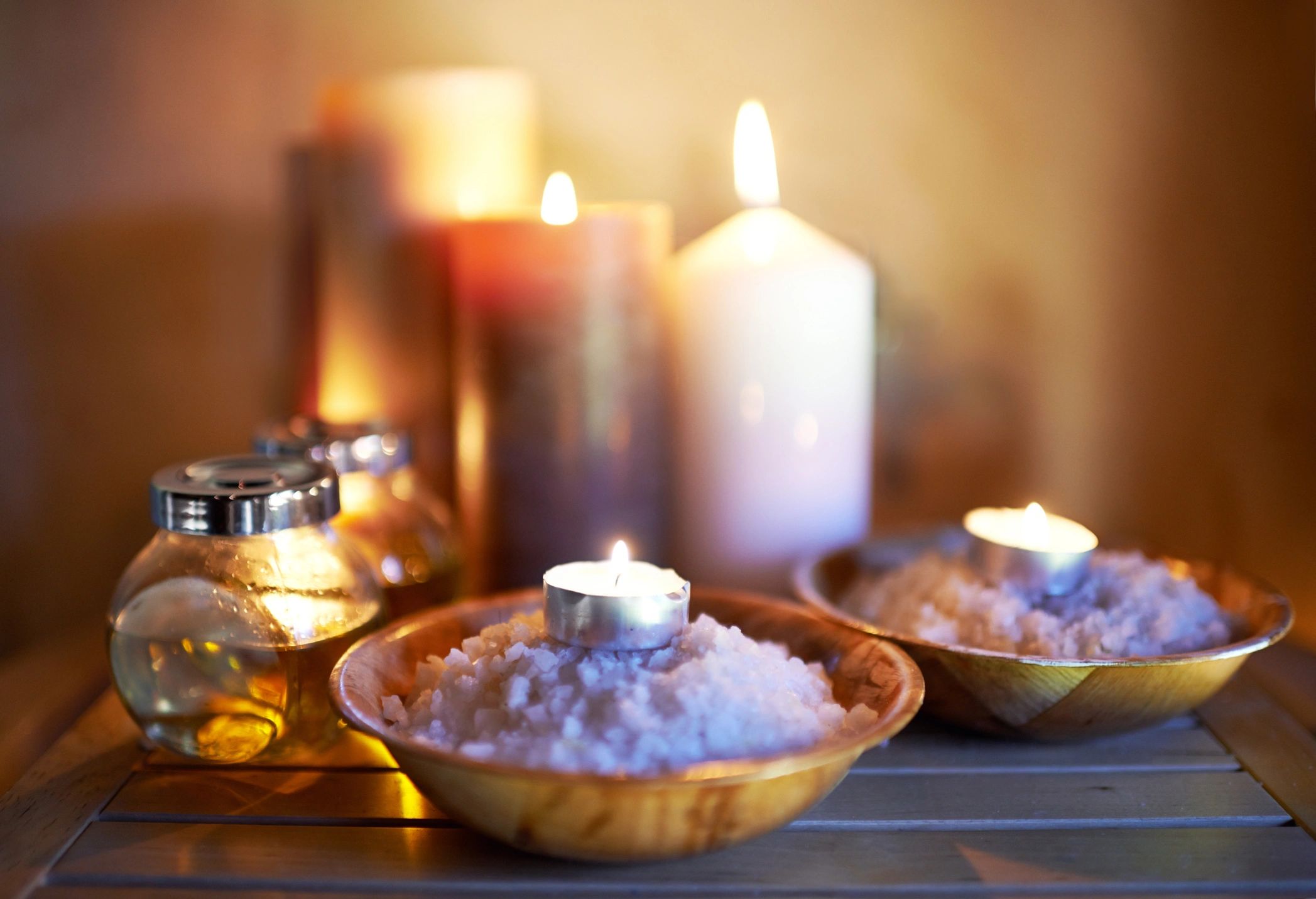 Candles and crystals creating a peaceful spiritual setting
